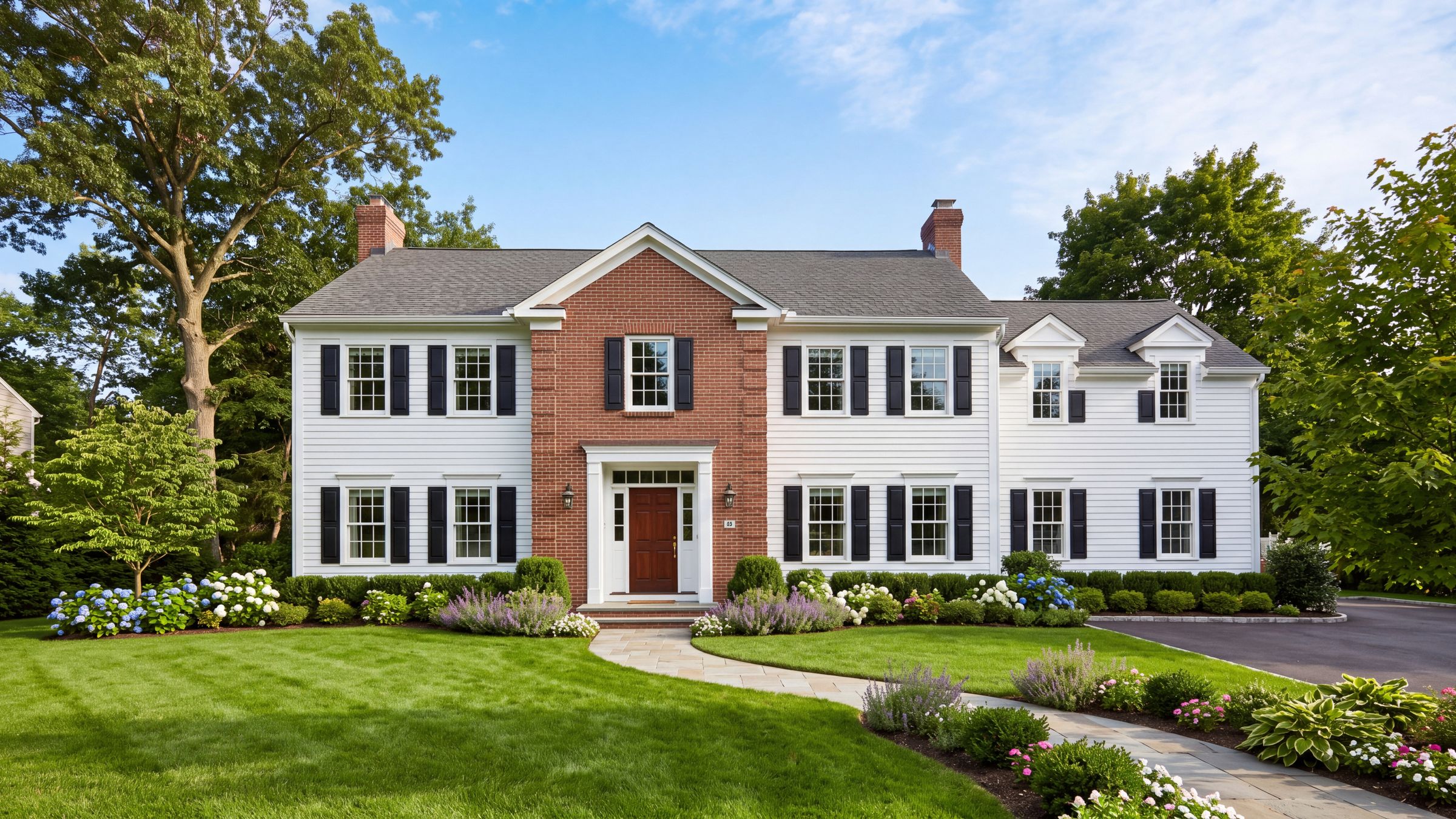 A two-story colonial home with white siding, black shutters and a landscaped front lawn.